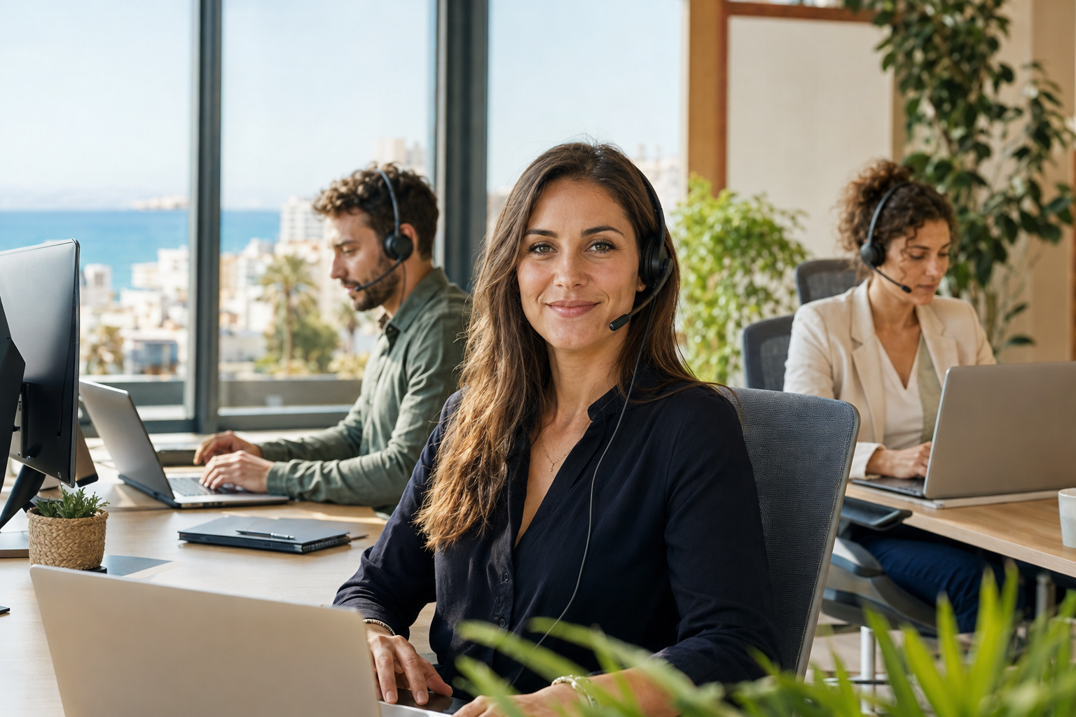 Professioneel Nederlandstalig klantcontactteam in een zonnig kantoor aan de Costa del Sol